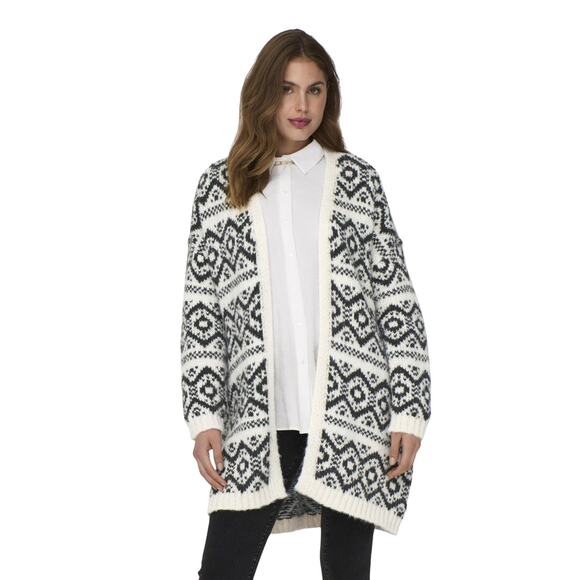 LOVESTITCH Tribal Pattern Hooded Cardigan Coatigan Gray White Women’s M - Picture 1 of 6
